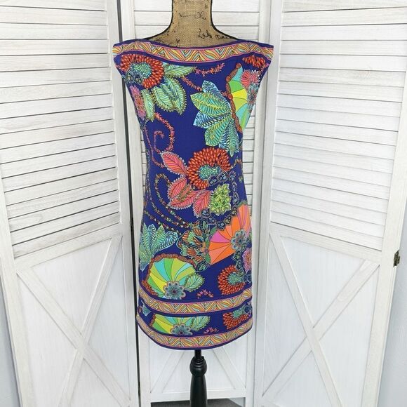 Trina Turk Felana Dress Floral Geometric Print Boat Neck Sheath Blue Multi 2 - Picture 1 of 12